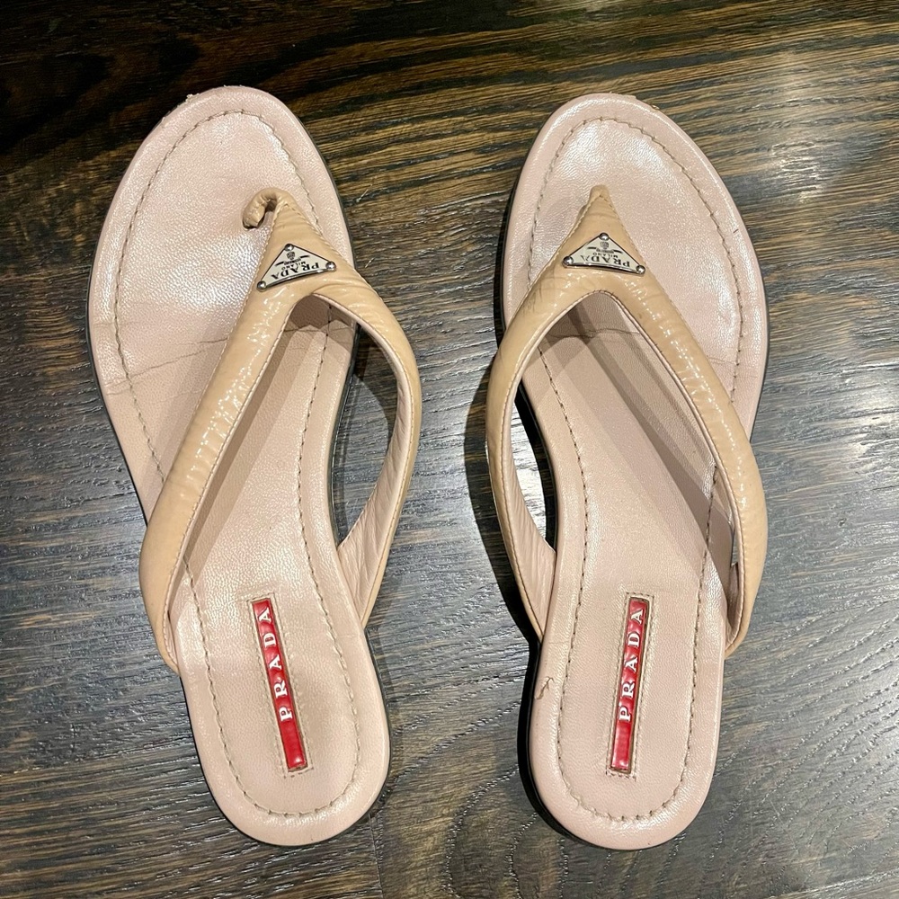 Prada Tan Suede Sandals with V-Strap Design